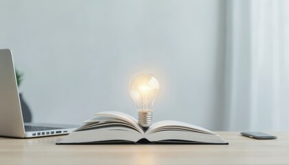 Bright light bulb stands atop open book. Idea, innovation, education. Concept represents learning, knowledge, creativity, inspiration. Idea concept, business, learning, solution, intelligence,