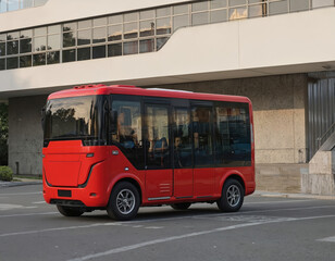 Bright red electric mini bus offers free transport. Modern vehicle for public transit, autonomous drive tech concept. Eco-friendly transport in urban area. Smart transportation. Future automotive