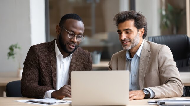 Two diverse business men analysts partners talking, working together, discussing data management using laptop computer. Indian manager consulting client with online technology at office meeting., no 