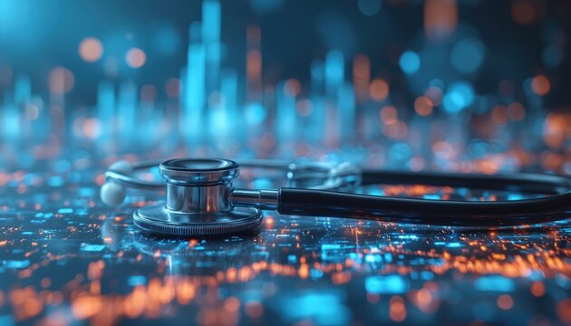 Stethoscope rests on digital health data background. Merging medicine with technology for patient care, monitoring, diagnostics. Representing innovation in healthcare, AI, telehealth solutions.