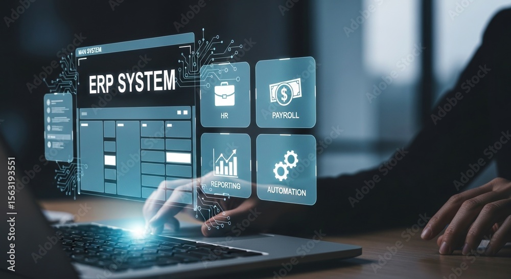Poster modern digital business technology interface showing enterprise resource planning system