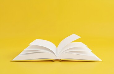 Open book illustration on vibrant yellow background. Education, library, knowledge, learning, reading concepts. Symbol, icon, bookstore concept, design element for school, university, study,