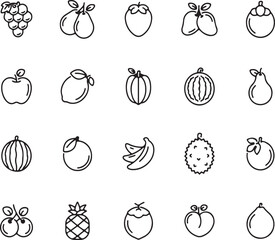 Fresh Fruit Line Icons Set – Healthy, Organic, Citrus, Tropical, Nature, Minimal, Clean, Apple, Banana, Nutrition, Diet, Summer, Natural, Juicy, Farm

