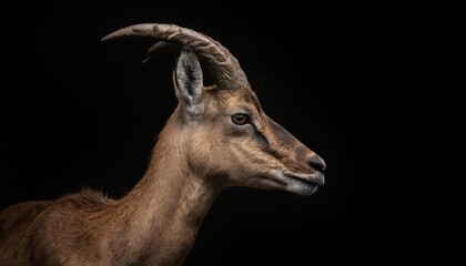 Ibex profile on black background. Wildlife mammal with curved horns. Wild mountain goat, antelope, capra. Nature animal with fur, brown coat, eye. Isolated studio shot.