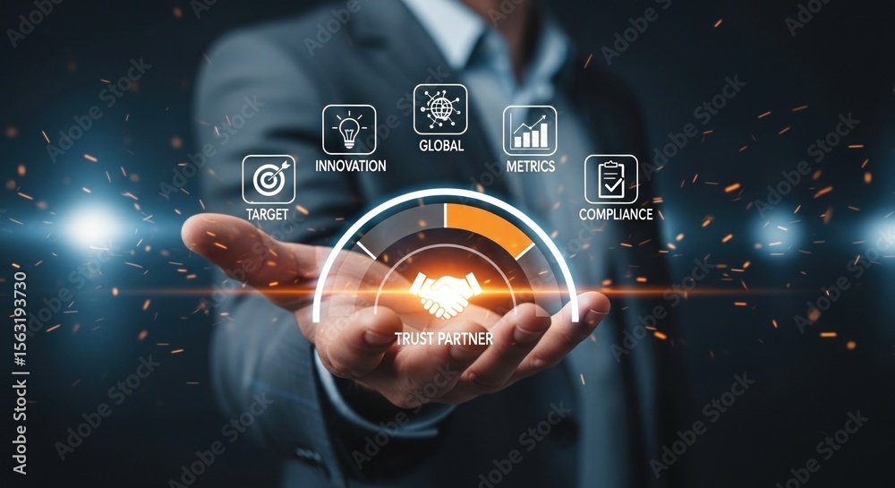 Poster businessman holding futuristic digital interface with icons representing innovation metrics
