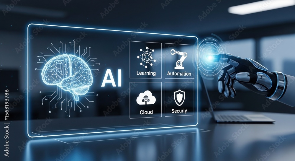 Poster advanced artificial ligence concept illustration with technology icons and robotic hand
