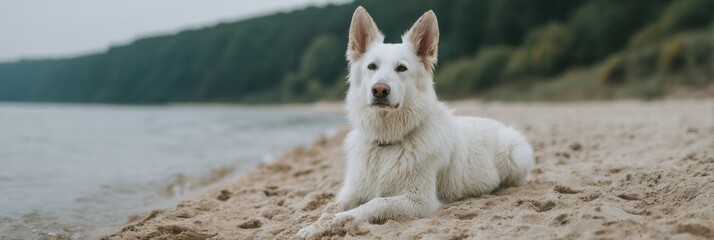 Majestic white shepherd rests on sandy shore, embodying serene solitude, evoking tales of Canine Solstice and Beach Days