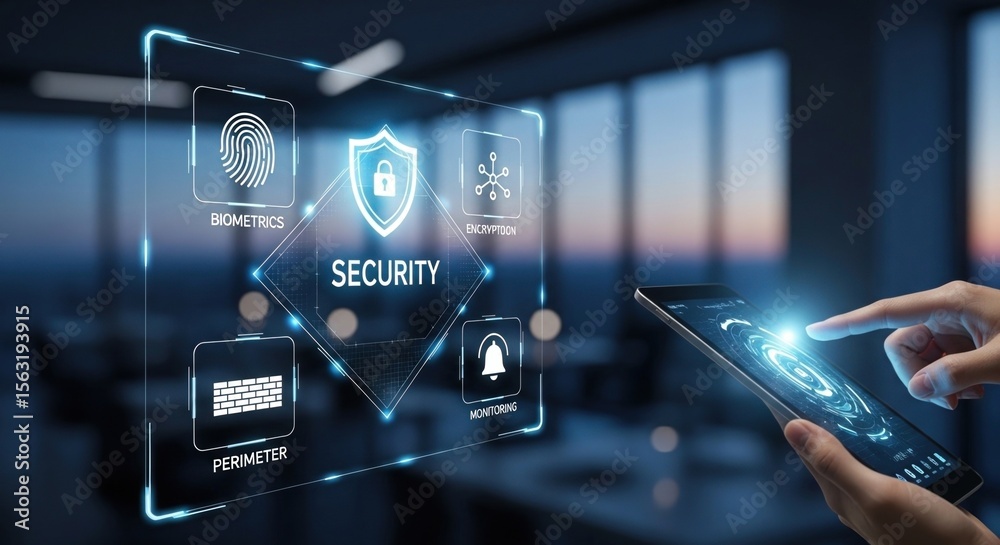 Poster modern digital security concept with biometric fingerprint scanner and smartphone