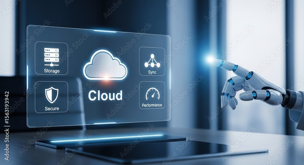 Poster Advanced cloud computing technology with digital icons and robotic hand interface