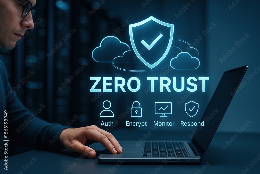 Poster Digital Security Concept with Shield Cloud Protecting Data Zero Trust Technology