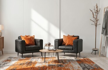 Modern living room interior design with black leather armchairs. Orange pillows and rug adds warm colours. Coffee table, wooden floor. Cozy home apartment.