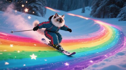Fototapeta premium A cat dressed in ski gear glides down a vibrant rainbow path in a snowy landscape.