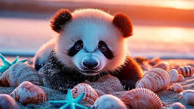 Cute little panda cub relaxing on sandy beach with seashells and blue starfish during beautiful sunset ocean background footage.