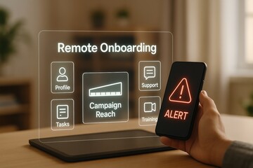 Hands Holding Smartphone Showing Alert and Transparent Digital Dashboard with Business Icons
