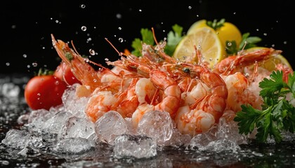 Fresh shrimp with ice lemon, red tomatoes and green coriander leaves on black background. Seafood served with splashing water drops. Gourmet food cuisine, meal for restaurant menu.