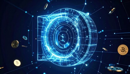 Obraz premium Futuristic digital blockchain cryptocurrency concept with glowing digital coin icons and interconnected network lines on dark background