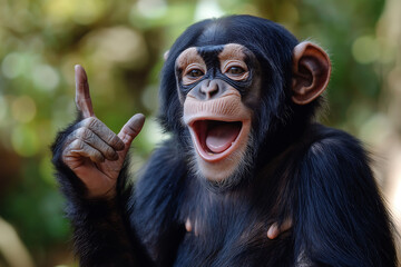 Naklejka premium monkey facial expression very funny giving your agreement with an Ok gesture. chimpanzee laughing out loud