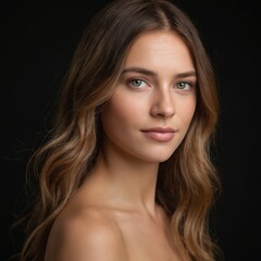 Elegant portrait of young woman with long wavy hair. Beauty, natural skin, green eyes. Dark background. Confident gaze, subtle smile. Classic look, female model. Natural beauty concept. Ideal for