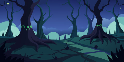 Cartoon Night Forest With Tangled Roots And Fog