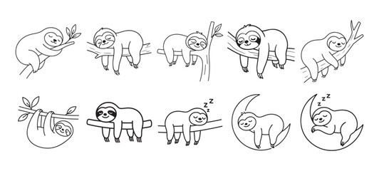 Cute Sloth Line Art Vector Set – Sleeping and Hanging Sloths on Tree Branches in Minimalist Black and White Style