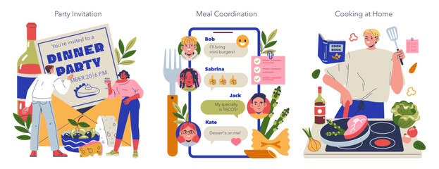 Dinner Party Invitation and Cooking Coordination Illustration
