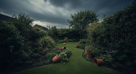 Fototapeta na wymiar Stormy sky above a quiet backyard garden with wind-blown plants and overturned pots
