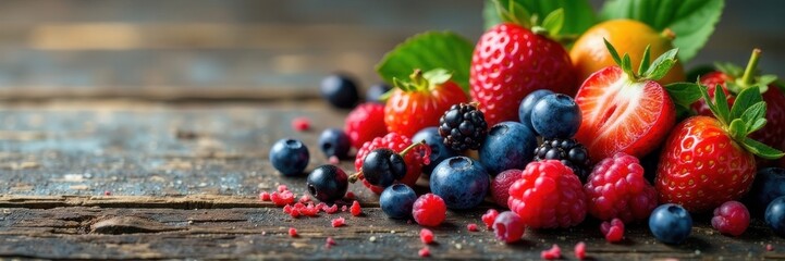 Assortment of colorful berries and stone fruit on aged wood , summer, market