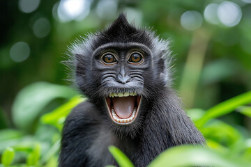 Obraz premium big smile, Celebes crested macaque with open mouth. Close up portrait on the green natural background