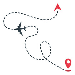 Airplane dashed line path with start point and dashed line trail. Isolated on white background, airplane route around the world, dashed arrow vector