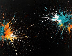 Colorful splashes against black background. Abstract artwork celebration theme. Bright color display. Paint explosion creates dynamic, vibrant look. Perfect for graphic design, visual projects.