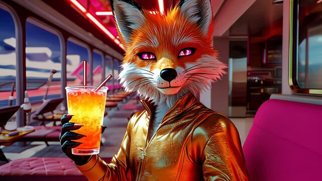 Anthropomorphic fox holding a cocktail in a futuristic setting, depicting a luxury vacation or modern travel concept footage.