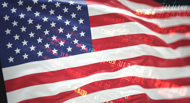 American flag overlaid with digital stock market data and numbers in red and white colors