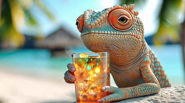 Happy reptile enjoying a cold drink on a tropical beach. Cute lizard relaxing on summer vacation footage.