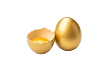 Broken golden egg with visible yolk contents, representing birth, opportunity, and hidden treasures within, isolated on a transparent background