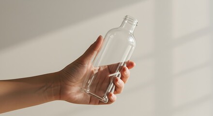 Empty Glass Bottle Held in Hand Against a Neutral Background
