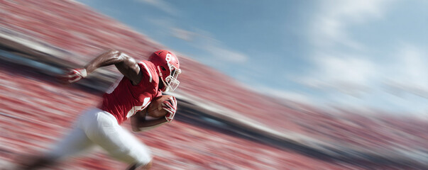Dynamic action shot of an athlete in full gear, sprinting with a ball against a blurred stadium backdrop. Evokes power, speed, and determination. Ideal for sports themes.