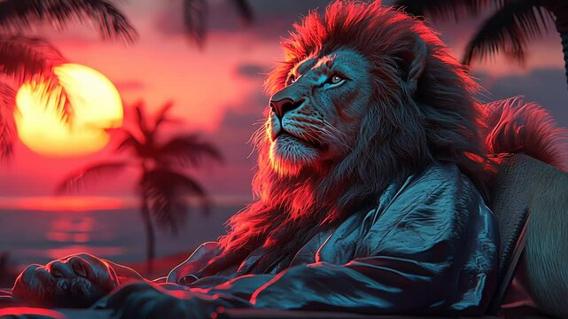 Majestic male lion with glowing red mane rests on a chair, watching sunset on tropical beach with palm tree. Relax concept footage.