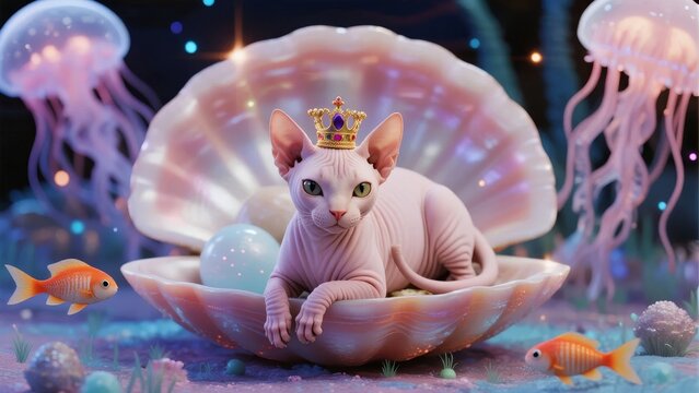A crowned hairless cat rests regally in a pearl shell amidst an underwater scene with jellyfish and colorful fish.
