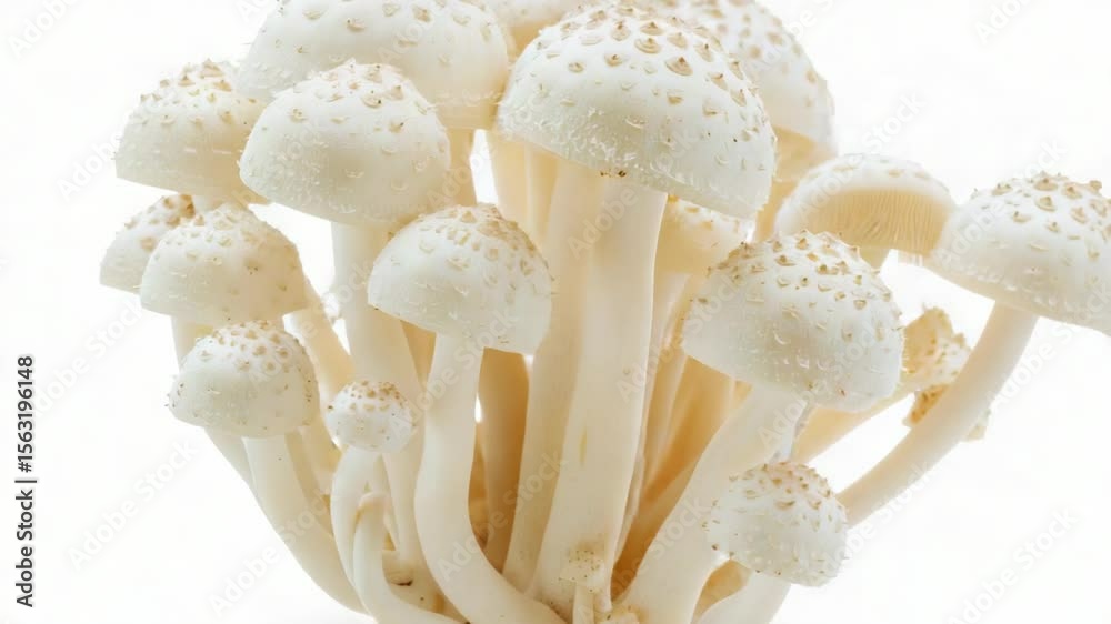 Poster a detailed view of a cluster of mushrooms growing in the ground