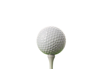 White golf ball on wooden tee, traditional golf equipment for starting gameplay, isolated on a transparent background