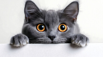 Curious gray cat peeking over a white surface