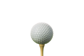 White golf ball on yellow tee, golf equipment with colored tee for course, isolated on a transparent background