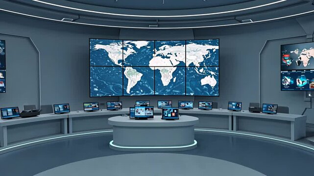 Futuristic control room with robot monitoring world map and multiple screens showing data. Global surveillance technology footage.