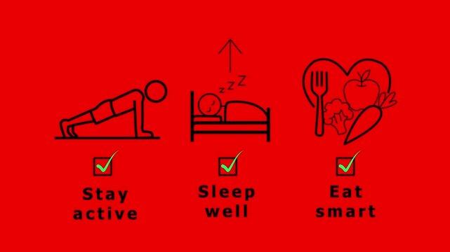 Healthy Lifestyle Icons Stay Active Sleep Well Eat Smart Red Background Minimalist Health Concept