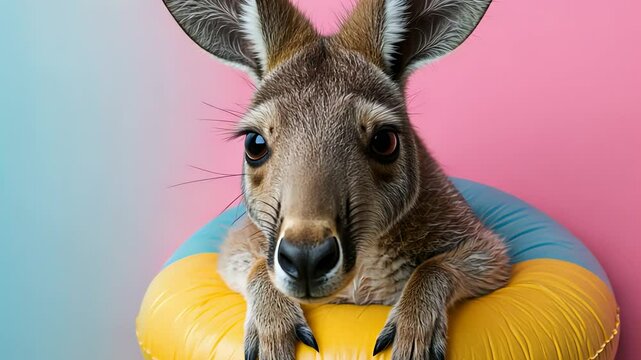 A cute baby kangaroo in an inflatable ring for summer fun, on a playful blue and pink background for vacation footage.