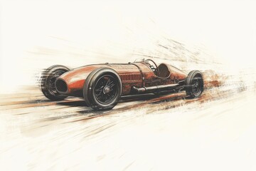 Classic racing car in motion on a blurred racetrack during a sunny day, showcasing vintage design and breathtaking speed