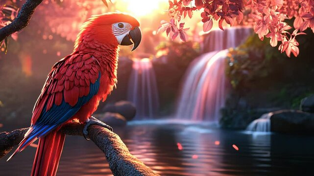 Red macaw parrot perched on branch with waterfall in lush forest. Tropical bird in vibrant jungle paradise with falling petals footage.