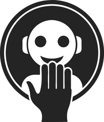 Silhouette of a hand gently interacting with a human face in a circular frame