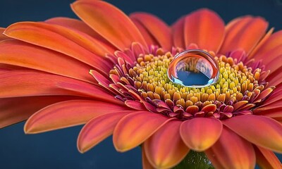 Macro of a vibrant orange-red gerbera daisy with a water droplet - Powered by Adobe