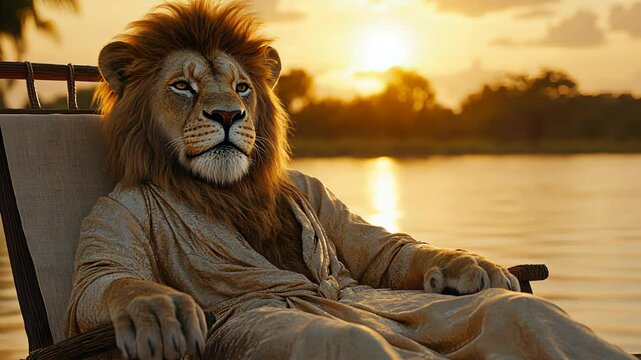 A majestic lion in robe sitting by a lake during a golden sunset, symbolizing royalty, relaxation and peaceful nature footage.